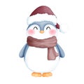 Adorable watercolor penguin with scarf and beanie hat illustration. Charming winter penguin clipart Royalty Free Stock Photo