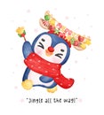 Adorable watercolour illustration of a cute penguin wearing decorated antlers and jumping with a jingle bell. Perfect for greeting