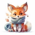 Adorable Watercolour Sketch of a Knitted Kawaii Baby Fox for Children\'s Book Illustration.