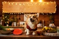 Adorable Welsh Corgi Pembroke in fashion suit standing on kitchen table and looking at camera