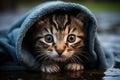 Adorable wet kitten peeks out curiously from under a towel in the pouring rain Royalty Free Stock Photo