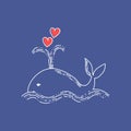 Adorable Whale With Two Hearts. Linear Vector Illustration. Concept For Valentine Day And Wedding.