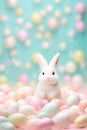 An adorable white bunny amidst a sea of speckled pastel Easter eggs against a backdrop of soft bokeh lights, ideal for