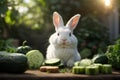 Adorable White Bunny Enjoying a Cucumber Snack