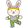 Adorable white bunny rollerblading with knee supporters on outlined