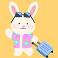 Adorable white bunny with a traveling suitcase flat colored