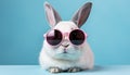 Adorable white bunny wearing sunglasses on vibrant solid backgroundStudio shot with copy space. Royalty Free Stock Photo