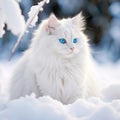 Cute picture of white cat with blue eyes and big tail, A cat as white as snow Royalty Free Stock Photo