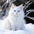 Cute picture of white cat with blue eyes and big tail, A cat as white as snow