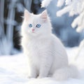 Cute picture of white cat with blue eyes and big tail, A cat as white as snow Royalty Free Stock Photo