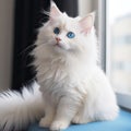 Cute picture of white cat with blue eyes and big tail, A cat as white as snow