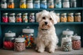 Cute white dog sitting in a room filled with colorful candy jars. perfect for pet-friendly content. home style, sweet Royalty Free Stock Photo