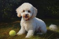 Adorable White Fluffy Dog with Tennis Ball in Sunny Garden Royalty Free Stock Photo
