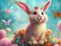 Illustration of fairy Easter Bunny with flowers and butterflies. Fantasy, fairytale, Generative AI
