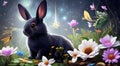 Illustration of fairy Easter Bunny with flowers and butterflies. Fantasy, fairytale, Generative AI