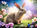 Posrcard with fairy Easter Bunny with flowers and butterflies. Fantasy, fairytale, Generative AI