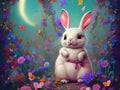 Illustration of fairy Easter Bunny with flowers and butterflies. Fantasy, fairytale, Generative AI