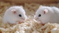 Adorable White Hamsters on Soft Bedding in Warm Light Royalty Free Stock Photo
