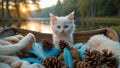 Adorable White Kitten in Wooden Box with Pine Cones and Feathers at Sunset Royalty Free Stock Photo