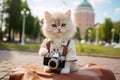 adorable white kitten tourist with a retro camera on a town square in sunny day