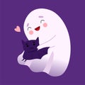 Adorable White Little Ghost Hugging Bat, Cute Halloween Spooky Character Vector Illustration Royalty Free Stock Photo