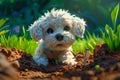 Adorable White Puppy with a Curious Gaze Playing in a Garden Setting with Sunlight Filtering Through