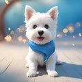 an Adorable white puppy sitting upright and wearing a blue bandanna around the neck