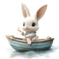Adorable White Rabbit Rowing a Small Blue Boat on Calm Water Royalty Free Stock Photo
