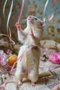 Adorable White Rat Celebrating with Colorful Ribbons and Floral Background Pet Festivity and Joy