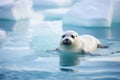 Adorable white seal pusa in its natural arctic ocean habitat