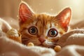 Adorable Wide Eyed Orange Tabby Kitten Peeking Out From Cozy Bedding with Playful Expression and Cute Whiskers