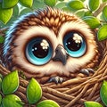 Adorable wide-eyed owl chick, peeks out of its nest, with the leaves arounds it, in cartoon style, cute animal, printable