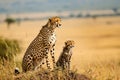 Adorable wildlife cheetah family, mother with cheetah cub in savanna grassland. generative ai Royalty Free Stock Photo