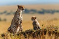 Adorable wildlife cheetah family, mother with cheetah cub in savanna grassland. generative ai Royalty Free Stock Photo