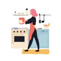 Adorable woman cooking in kitchen. Cute young girl preparing meals at home. Female cartoon character making lunch or