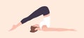 Adorable woman in Halasana position or Plough Pose. Funny female cartoon character practicing Hatha yoga. Young yogi