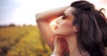 Adorable woman resting on the corn field Royalty Free Stock Photo