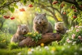 Adorable wombat trio posing on a fallen log in a vibrant spring garden. Generative AI Royalty Free Stock Photo