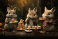 Adorable woodland creatures at a tea party in the forest
