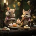 Adorable woodland creatures at a tea party in the forest