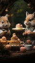 Adorable woodland creatures at a tea party in the forest