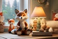Adorable Woodland-Themed Children\'s Room: Cozy Corner with Fox Lamp and Figurines.