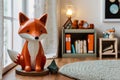 Adorable Woodland-Themed Children\'s Room: Cozy Corner with Fox Lamp and Figurines. Royalty Free Stock Photo