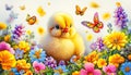 Adorable Yellow Chick Among Decorated Easter Eggs and Spring Flowers with Butterflies Illustration