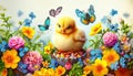 Adorable Yellow Chick Among Decorated Easter Eggs and Spring Flowers with Butterflies Illustration