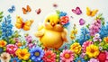 Adorable Yellow Chick Among Decorated Easter Eggs and Spring Flowers with Butterflies Illustration