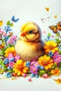 Adorable Yellow Chick Among Decorated Easter Eggs and Spring Flowers with Butterflies Illustration