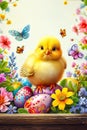 Adorable Yellow Chick Among Decorated Easter Eggs and Spring Flowers with Butterflies Illustration