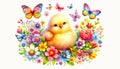 Adorable Yellow Chick Among Decorated Easter Eggs and Spring Flowers with Butterflies Illustration