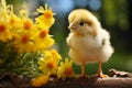 Adorable yellow chick in a playful pose on a sunny, flowery spring day